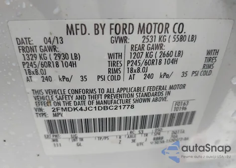 2013 Ford Edge Sel from USA, damaged, VIN 2FMDK4JC1DBC21778